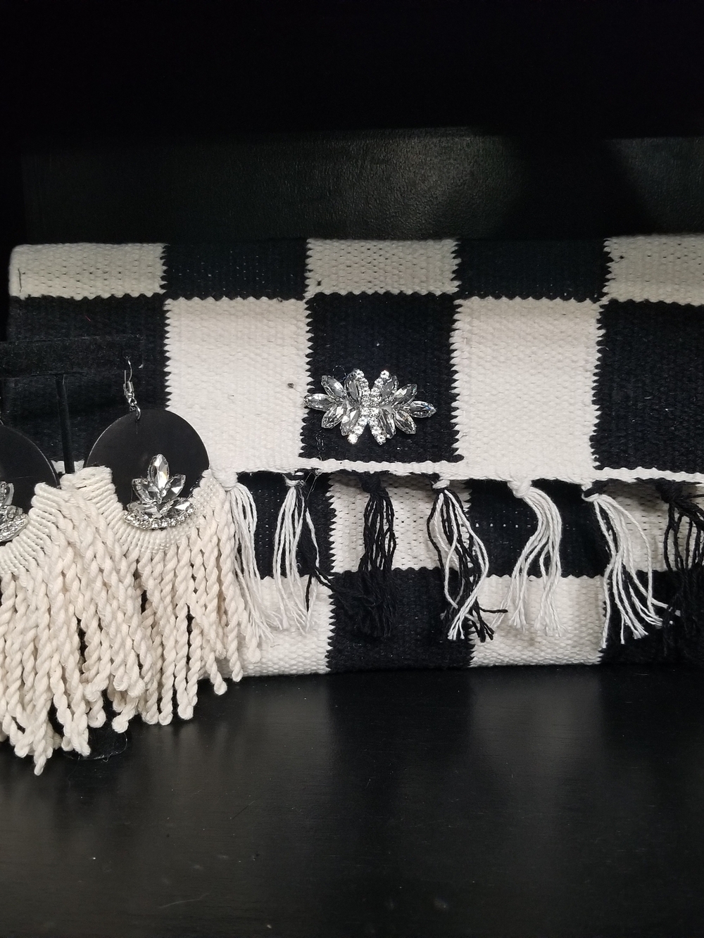 Custom Clutch  Black & White Checkered Fringe Clutch w/ Crystal Accent &Earrings